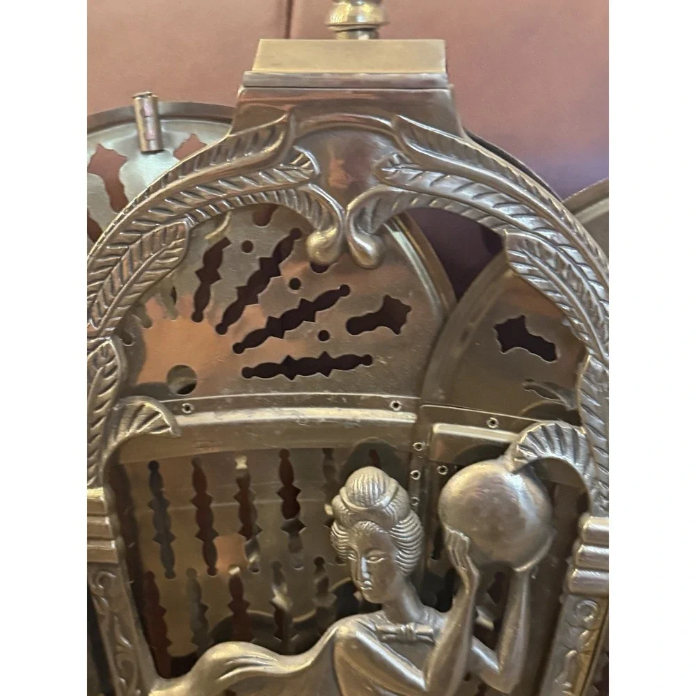 Vintage Art Deco Brass Peacock Fan Fireplace Screen Figural Filigree Goddess
